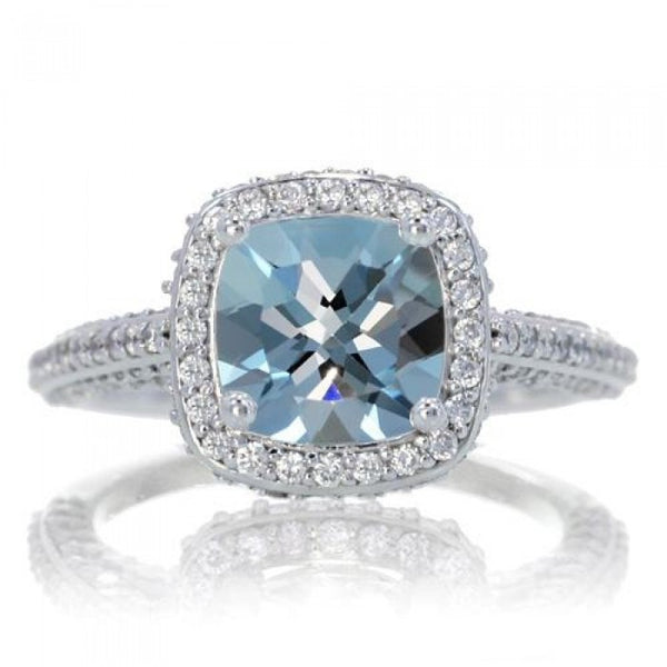 Aquamarine Cushion Halo Diamond Engagement Ring