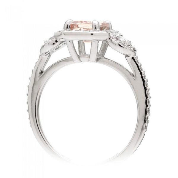 Emerald cut morganite engagement ring diamond halo three stone band
