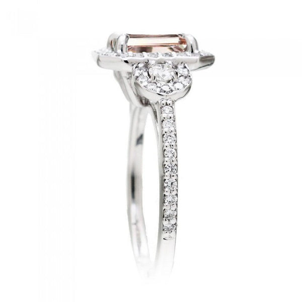 Emerald cut morganite engagement ring diamond halo three stone band