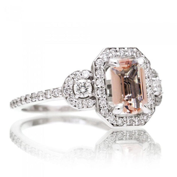 Emerald cut morganite engagement ring diamond halo three stone band