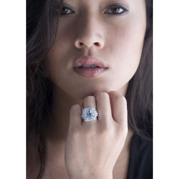 Aquamarine 12x10 cushion halo diamond anniversary ring