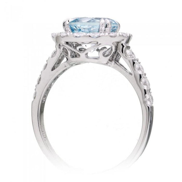 Aquamarine ring round 8mm large diamond halo engagement ring