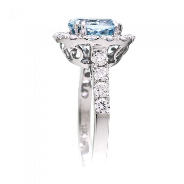 Aquamarine ring round 8mm large diamond halo engagement ring