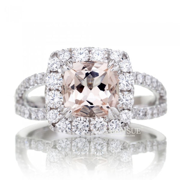 Cushion 7x7 Morganite Ring Diamond Halo Split Shank Engagement Setting