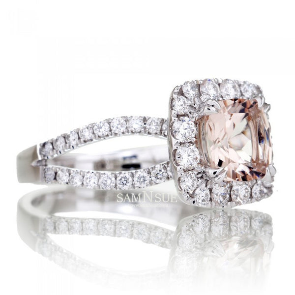 Cushion 7x7 Morganite Ring Diamond Halo Split Shank Engagement Setting