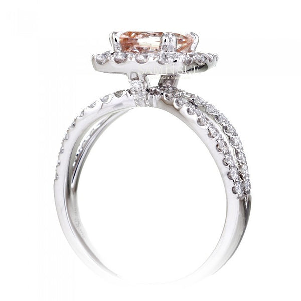 Cushion 7x7 Morganite Ring Diamond Halo Split Shank Engagement Setting