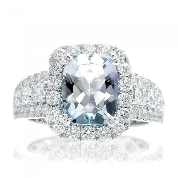 Aquamarine 9x7 cushion diamond halo engagement anniversary ring