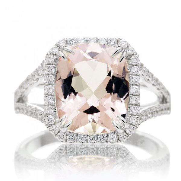 Morganite 11x9 cushion split band diamond halo engagement ring