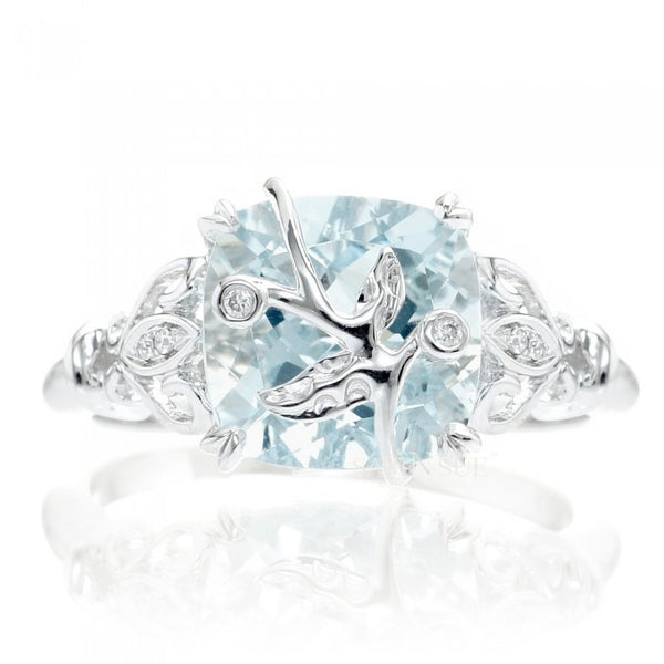 Aquamarine Leaf And Vine Design Diamond Engagement Ring