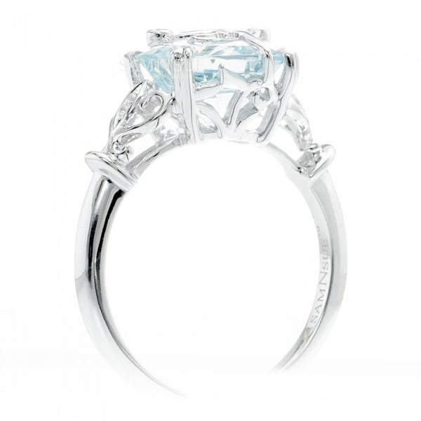 Aquamarine Leaf And Vine Design Diamond Engagement Ring