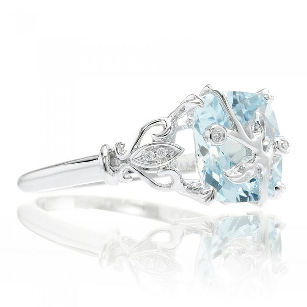 Aquamarine Leaf And Vine Design Diamond Engagement Ring