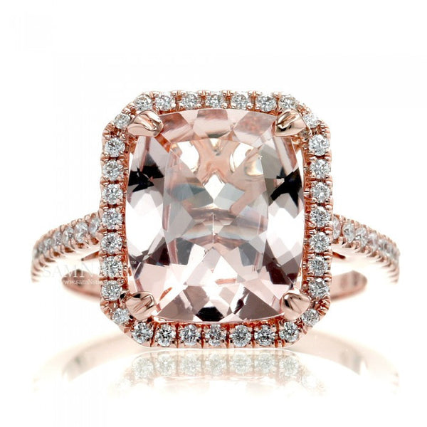 Morganite 11x9 cushion halo diamond solitaire engagement ring 14k rose gold