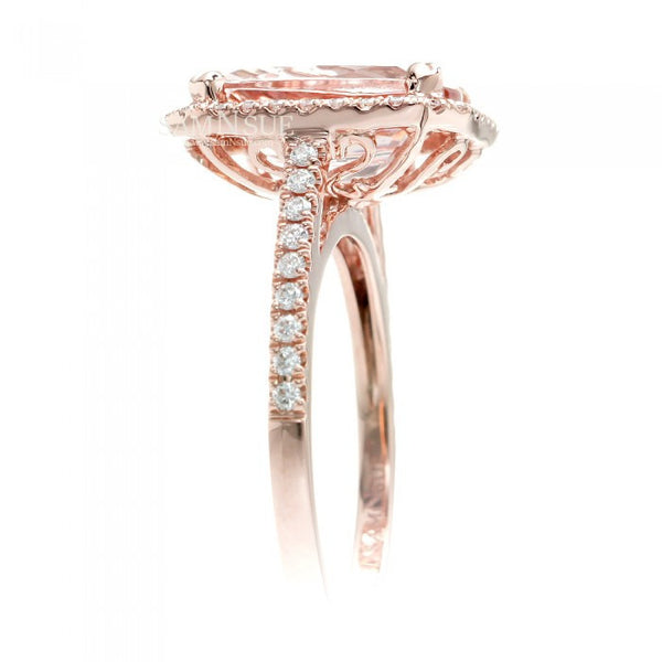 Morganite 11x9 cushion halo diamond solitaire engagement ring 14k rose gold