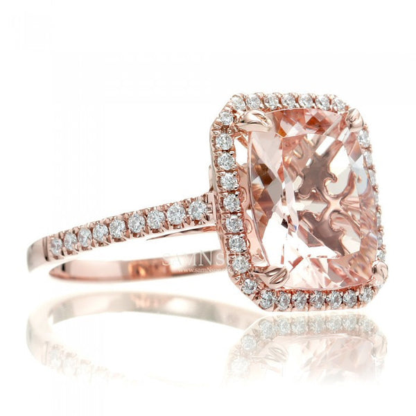 Morganite 11x9 cushion halo diamond solitaire engagement ring 14k rose gold