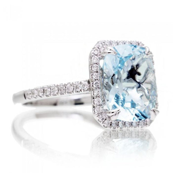 Aquamarine 11x9 cushion halo diamond solitaire engagement ring