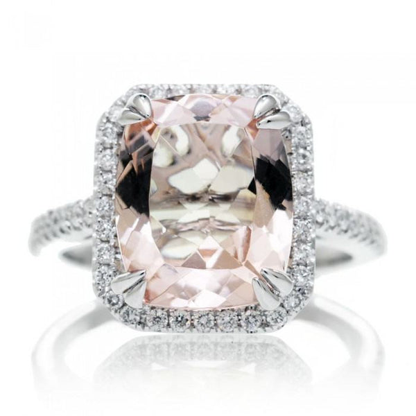 Morganite 11x9 cushion halo diamond solitaire engagement ring