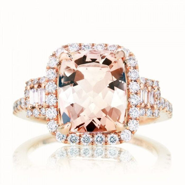 Morganite 10x8 cushion halo diamond engagement three stone ring rose gold