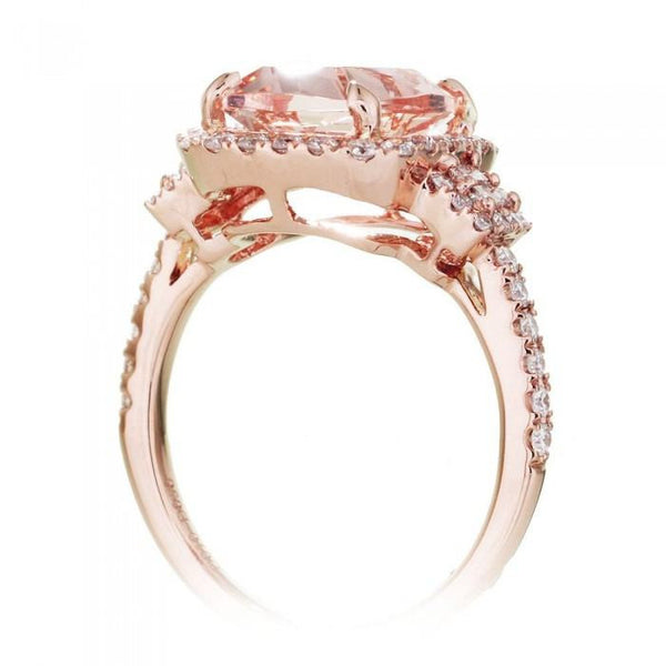 Morganite 10x8 cushion halo diamond engagement three stone ring rose gold