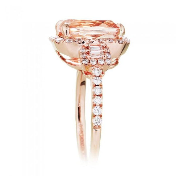 Morganite 10x8 cushion halo diamond engagement three stone ring rose gold