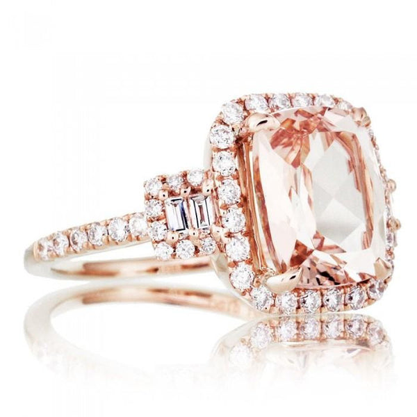 Morganite 10x8 cushion halo diamond engagement three stone ring rose gold