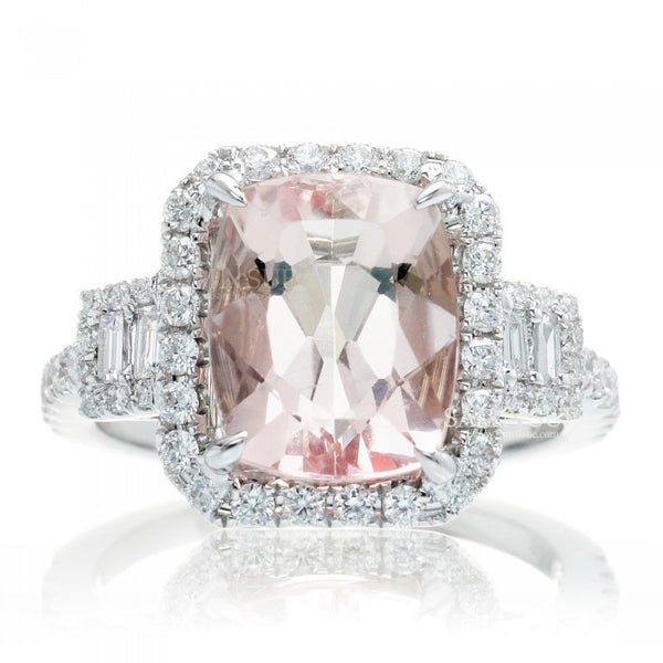 Morganite 10x8 cushion halo diamond engagement three stone ring white gold