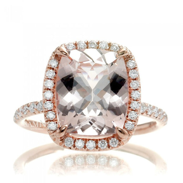 Cushion morganite 11x9 diamond halo engagement ring drenched under basket rose gold