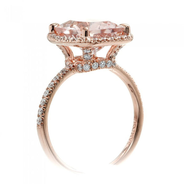 Cushion morganite 11x9 diamond halo engagement ring drenched under basket rose gold