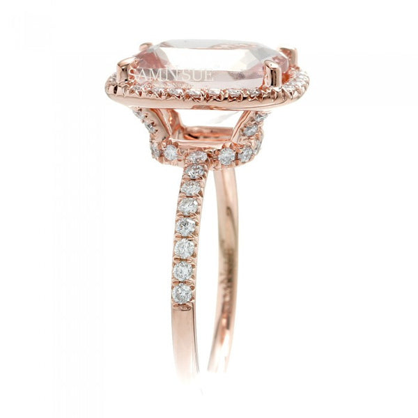 Cushion morganite 11x9 diamond halo engagement ring drenched under basket rose gold