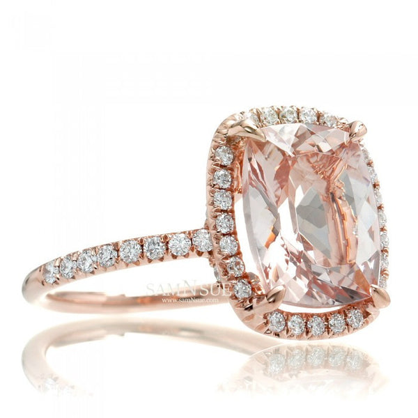 Cushion morganite 11x9 diamond halo engagement ring drenched under basket rose gold