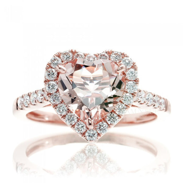 Heart morganite engagement ring diamond halo band rose gold