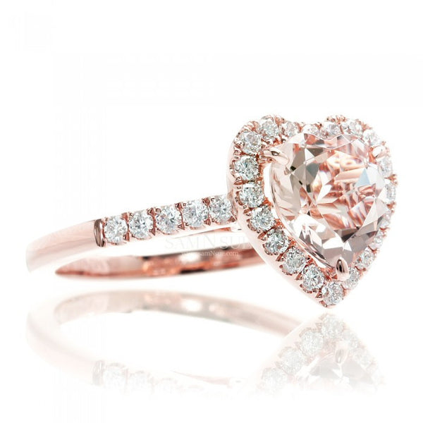 Heart morganite engagement ring diamond halo band rose gold