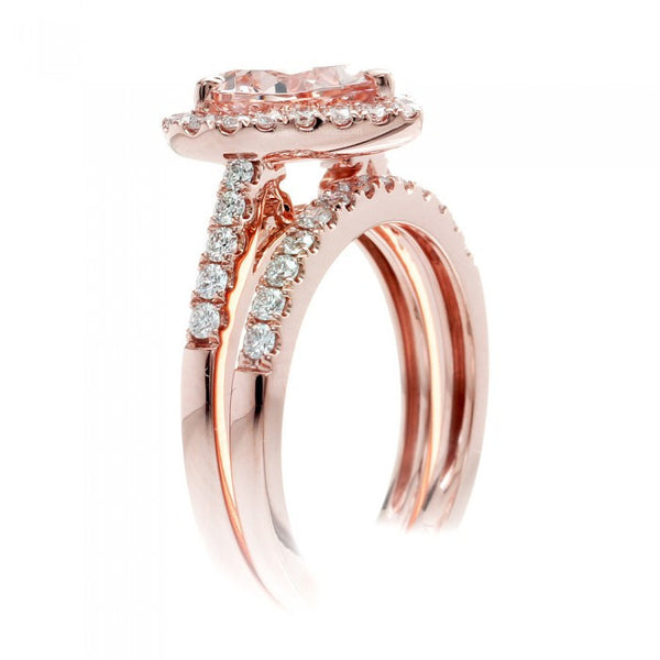 Heart morganite engagement ring diamond halo band rose gold