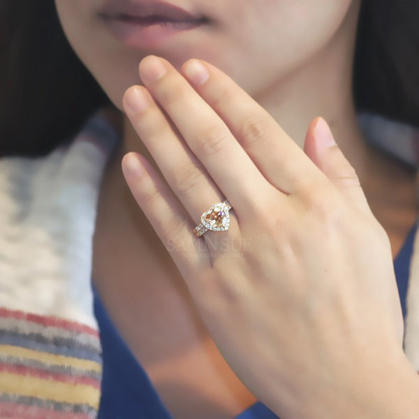 Heart morganite engagement ring diamond halo band rose gold