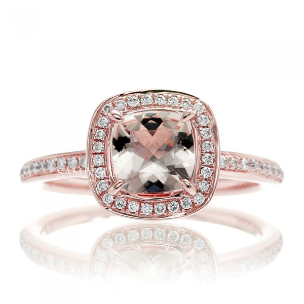 Cushion Morganite Ring Diamond Halo Rose Gold Engagement Setting