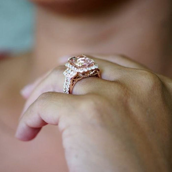 Cushion Morganite Diamond Halo Engagement Ring