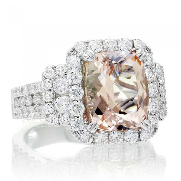 Cushion Morganite Diamond Halo Engagement Ring