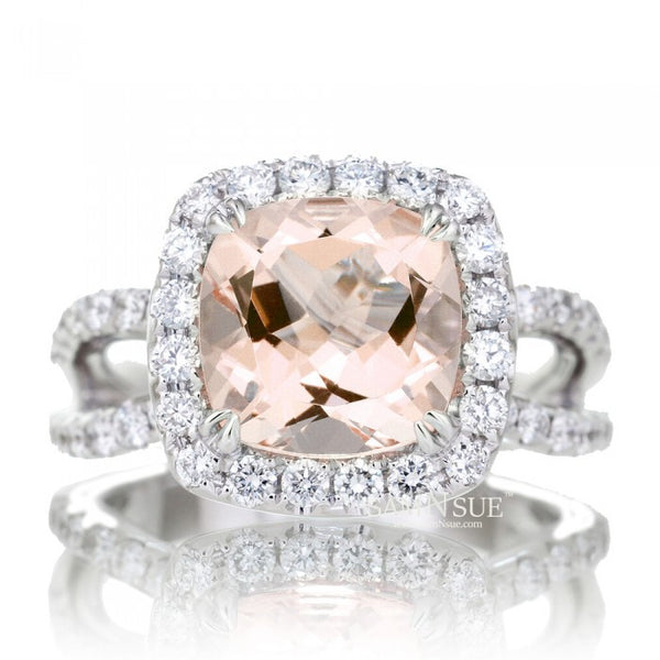 Cushion 9x9 Morganite Ring Diamond Halo Split Shank Engagement Setting