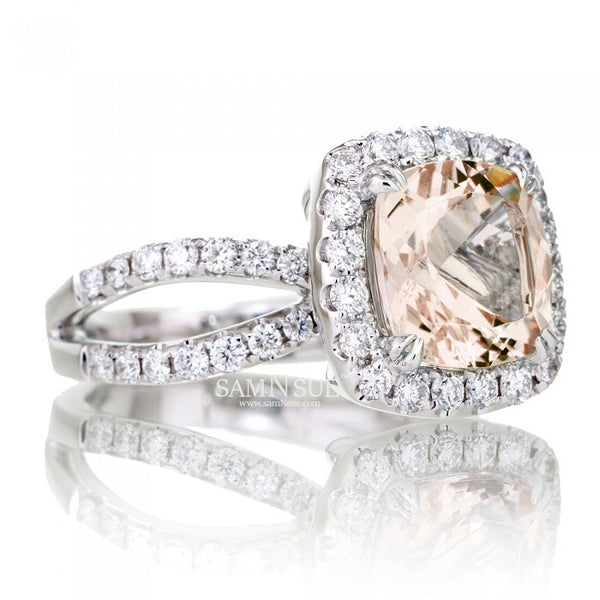 Cushion 9x9 Morganite Ring Diamond Halo Split Shank Engagement Setting