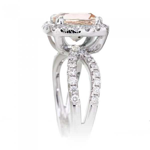 Cushion 9x9 Morganite Ring Diamond Halo Split Shank Engagement Setting