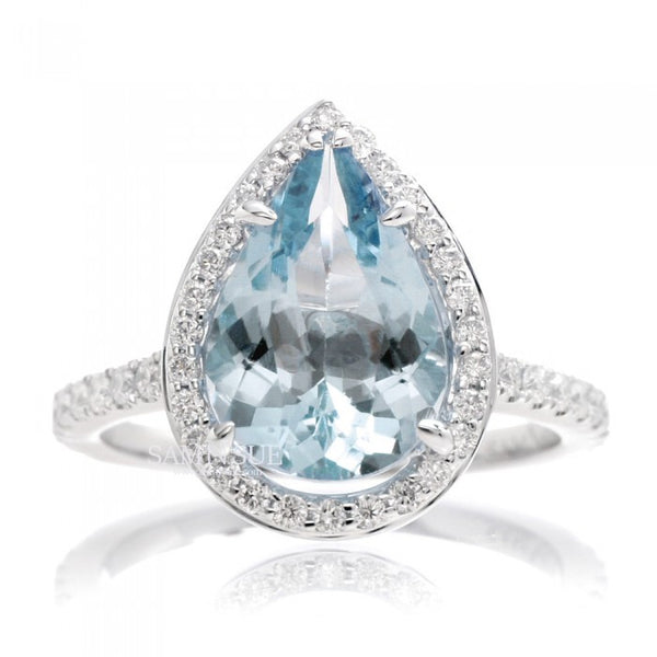 Aquamarine pear 12x8 diamond halo engagement ring Sunset Collection