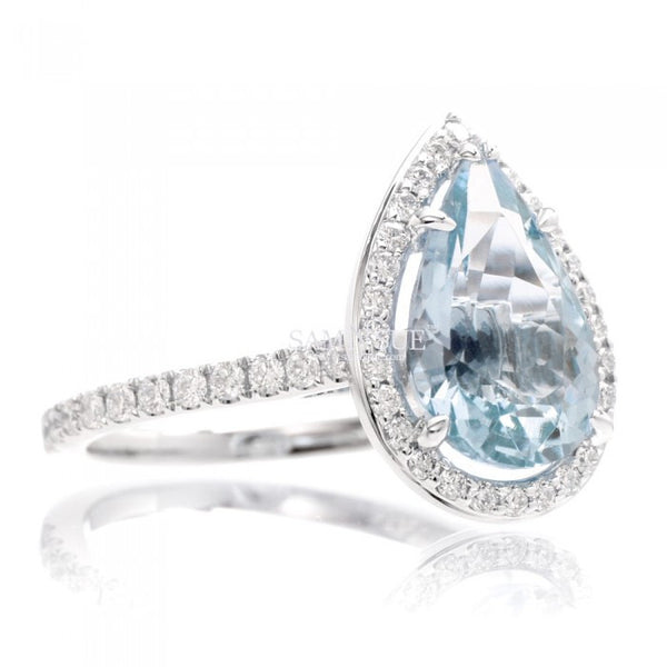 Aquamarine pear 12x8 diamond halo engagement ring Sunset Collection