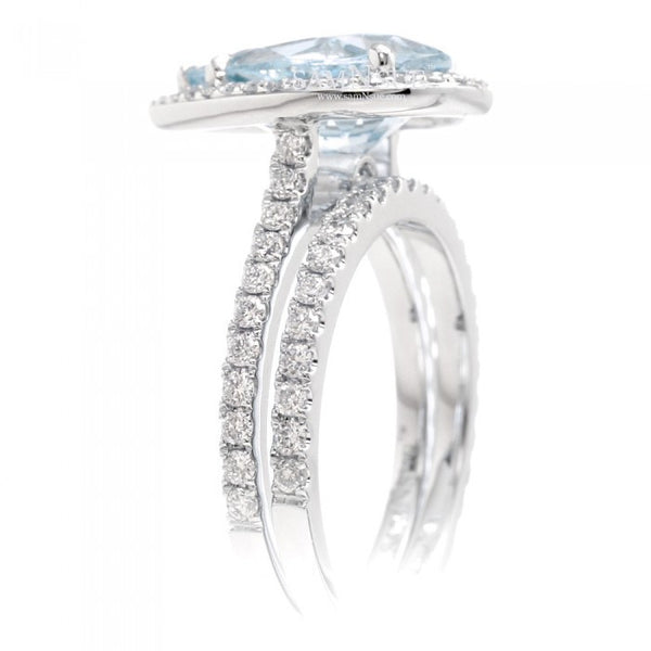 Aquamarine pear 12x8 diamond halo engagement ring Sunset Collection