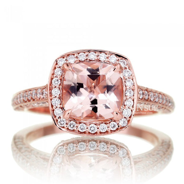 Cushion 7x7 Morganite Ring Diamond Halo Engagement Ring Three Sided