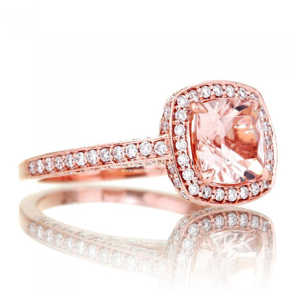 Cushion 7x7 Morganite Ring Diamond Halo Engagement Ring Three Sided