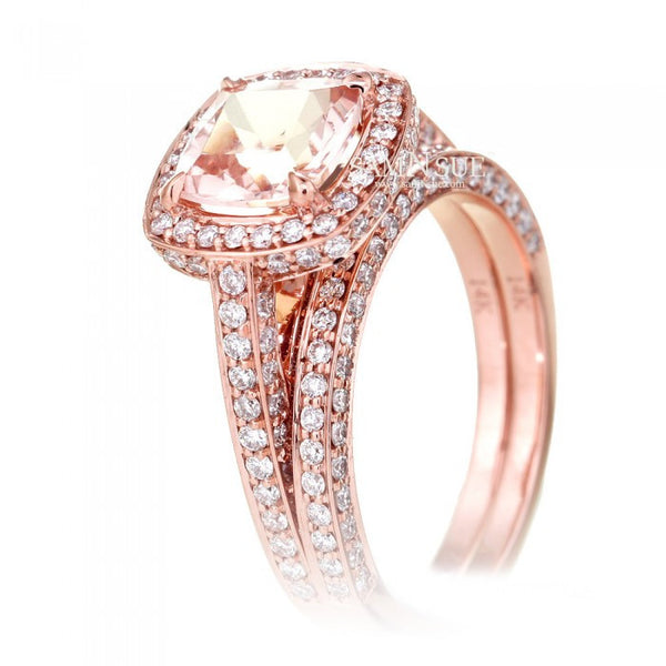 Cushion 7x7 Morganite Ring Diamond Halo Engagement Ring Three Sided