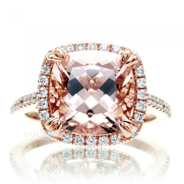 Cushion Morganite 10x10 Peachy Pink Diamond Halo Engagement Ring