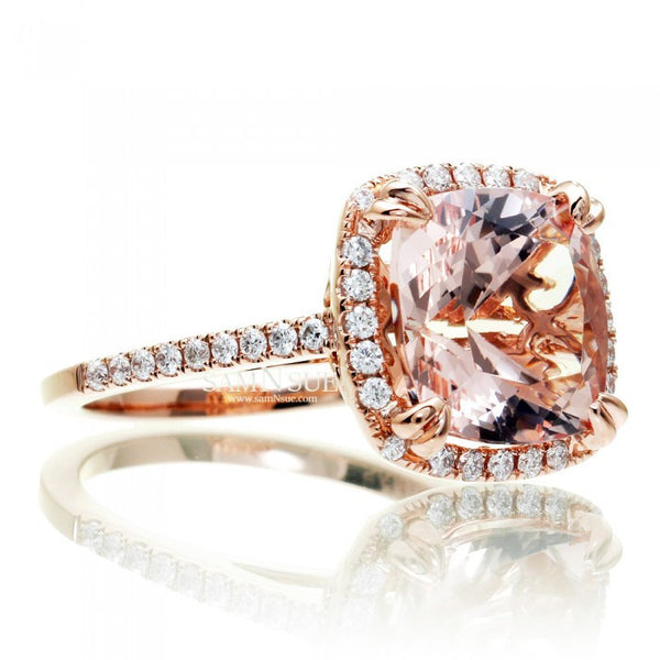 Cushion Morganite 10x10 Peachy Pink Diamond Halo Engagement Ring