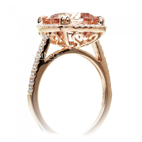 Cushion Morganite 10x10 Peachy Pink Diamond Halo Engagement Ring