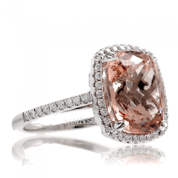 Cushion 12x10 morganite engagement ring diamond halo band