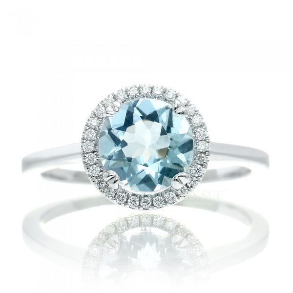 Aquamarine 8mm round halo engagement diamond ring in white gold plain shank